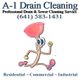 Cartoon plunger with arms and legs under A-1 Drain Cleaning service info and phone number.