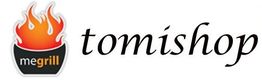 Logo mit brennendem Grilltopf und Text "tomishop" in geschwungener Schrift.