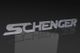 Der 3D-Schriftzug "SCHENGER" in silberner Farbe vor schwarzem Hintergrund.