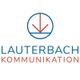 Logo mit Kreis, Pfeil nach unten und Text "Lauterbach Kommunikation" in Blau und Rot.