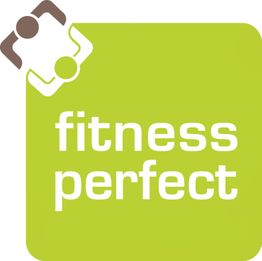 Grünes Logo mit weißen Buchstaben "fitness perfect" und Figur in der linken oberen Ecke.
