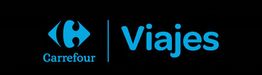 Logo azul de Carrefour Viajes sobre fondo negro.