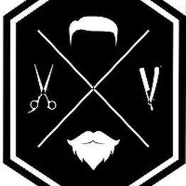 Barber shop symbol with scissors, comb, hair, and beard icons in a hexagonal frame.