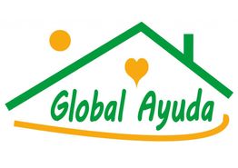 Logo con la escritura "Global Ayuda", un corazón y una casa en colores verde y naranja.