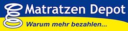 Logo mit Schrift "Matratzen Depot" und Slogan "Warum mehr bezahlen..." auf blau-gelbem Hintergrund.