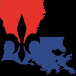 Red fleur-de-lis over a blue map of Louisiana on a black background.