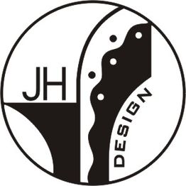 Rundes Logo mit den Buchstaben "JH" und dem Wort "Design" in abstrakten Formen.
