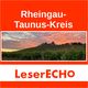 Rheingau-Weinberge bei Sonnenuntergang unter rotem Himmel, Text: Rheingau-Taunus-Kreis.