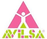 Logo con forma de triángulo rosa y figura humana blanca; texto "AVELSA" en rosa y verde.
