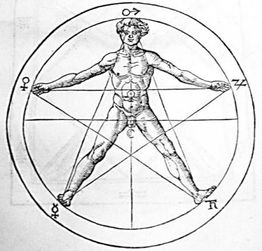 Mann in Kreis mit Pentagramm, Körperhaltung ähnlich dem Vitruvianischen Menschen.