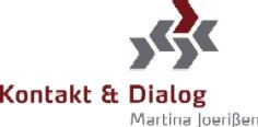 Logo mit Pfeilen und Text: "Kontakt & Dialog Martina Joerßen" in Rot und Grau.