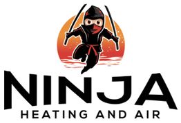 Ninja character with swords and sun, text: "Ninja Heating and Air."