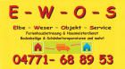 Gelbe E-W-O-S-Werbung mit rotem Text und Telefonnummer für Umzugs- und Hausmeisterservice.
