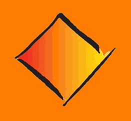 Abstrakte orange-gelbe Rautenform mit schwarzer Umrandung auf orangefarbenem Hintergrund.