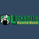 "Locksmith Round Rock logo with worker holding a wrench, green and orange text on blue background."