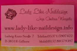 Visitenkarte für Lady Like Naildesign in Gifhorn mit Web- und Kontaktdaten.