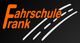 Logo mit orangefarbenem Text "Fahrschule Frank" und weißen Straßenlinien auf schwarzem Hintergrund.