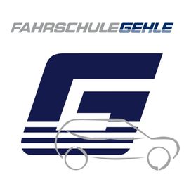Logo mit großem blauem "G", darüber Text "Fahrschule Gehle", stilisiertes Auto unten.