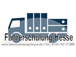 Logo der Fahrschulung Hesse mit einem stilisierten LKW und Kontaktdaten darunter.