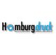 Logo mit "Homburg druck" Schriftzug, Buchstaben in Schwarz und Blau, minimalistisches Design.