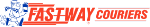 Fastway Couriers Logo: Läufer mit zwei Paketen und Text "FASTWAY COURIERS" in Rot und Blau.