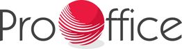 Logo von "ProOffice" mit stilisiertem roten Globus und schwarzen Buchstaben.