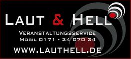 Schwarzes Logo von "Laut & Hell" mit Kontaktinfos für Veranstaltungsservice und Webseite.