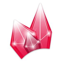 Rote polierte Kristallformen, die glänzend und stilisiert in drei unterschiedlichen Größen angeordnet sind.