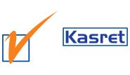 Logo mit orangem Häkchen und dem Schriftzug "Kasret" in blauem Rechteck.