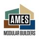 Logo of Ames Modular Builders with geometric shapes in green, beige, brown, and blue.