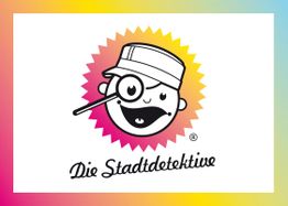 Ein Comic-Detektiv mit Mütze und Lupe, umgeben von einem bunten Rand. Text: "Die Stadtdetektive".