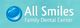 Logo for "All Smiles Family Dental Center" with a blue smile icon on a teal background.