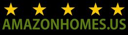 Five yellow stars above "AMAZONHOMES.US" in green text on a black background.