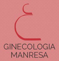 Logotipo de Ginecología Manresa sobre fondo rosa, con ilustración abstracta en rojo.