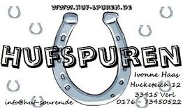 Hufeisen-Logo mit Text "HUFSPUREN", Kontaktinformationen und Website www.huf-spuren.de.