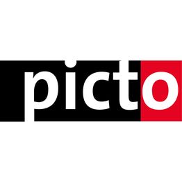 Schwarzes und rotes Logo mit dem weißen Wort "picto" auf farbigem Hintergrund.