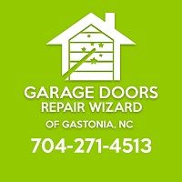 "Green background with garage door icon and contact for Garage Doors Repair Wizard in Gastonia, NC."