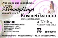 Kosmetikstudio-Werbung mit Services wie Nagelmodellage und Massage in Freiburg. Kontaktinfo inklusive.