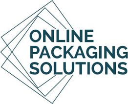 Logo mit Text "Online Packaging Solutions" und vier sich überlappenden Quadraten im Hintergrund.
