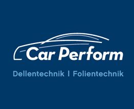Logo mit Auto-Silhouette. Text: "Car Perform, Dellentechnik, Folientechnik" auf blauem Hintergrund.