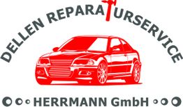 Rotes Auto mit Schriftzug "Dellen Reparaturservice Herrmann GmbH", Hammer als Symbol.