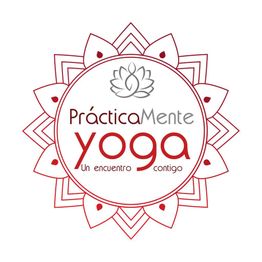 Logotipo circular de yoga con diseño de flor de loto y texto: "PrácticaMente yoga".