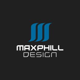 Logo mit drei blauen Linien und dem Text "MAXPHILL DESIGN" auf schwarzem Hintergrund.