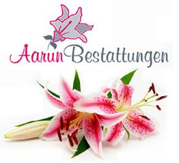 Logo von "Aarun Bestattungen" mit rosa Lilienblüten und grafischem Blattmotiv.