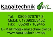 Grünes Banner mit Kontaktinfos der Kanaltechnik OWL: Telefon, Mobil, Fax, E-Mail, Website.