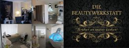Collage von Beauty-Werkstatt innen; Schriftzug: "Die Beautywerkstatt - Früher an später denken".
