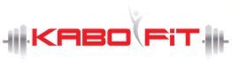 Logo mit Schriftzug "KABOFIT", Hantel und stilisierter Figur in Rot und Grau.