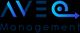Logo en bleu et noir avec les mots "AVE Management" sur fond noir.