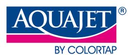 Logo "Aquajet by Colortap" su sfondo blu e rosa.