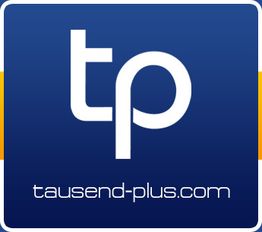 Logo mit weißem "tp" auf blauem Hintergrund und der URL "tausend-plus.com" darunter.